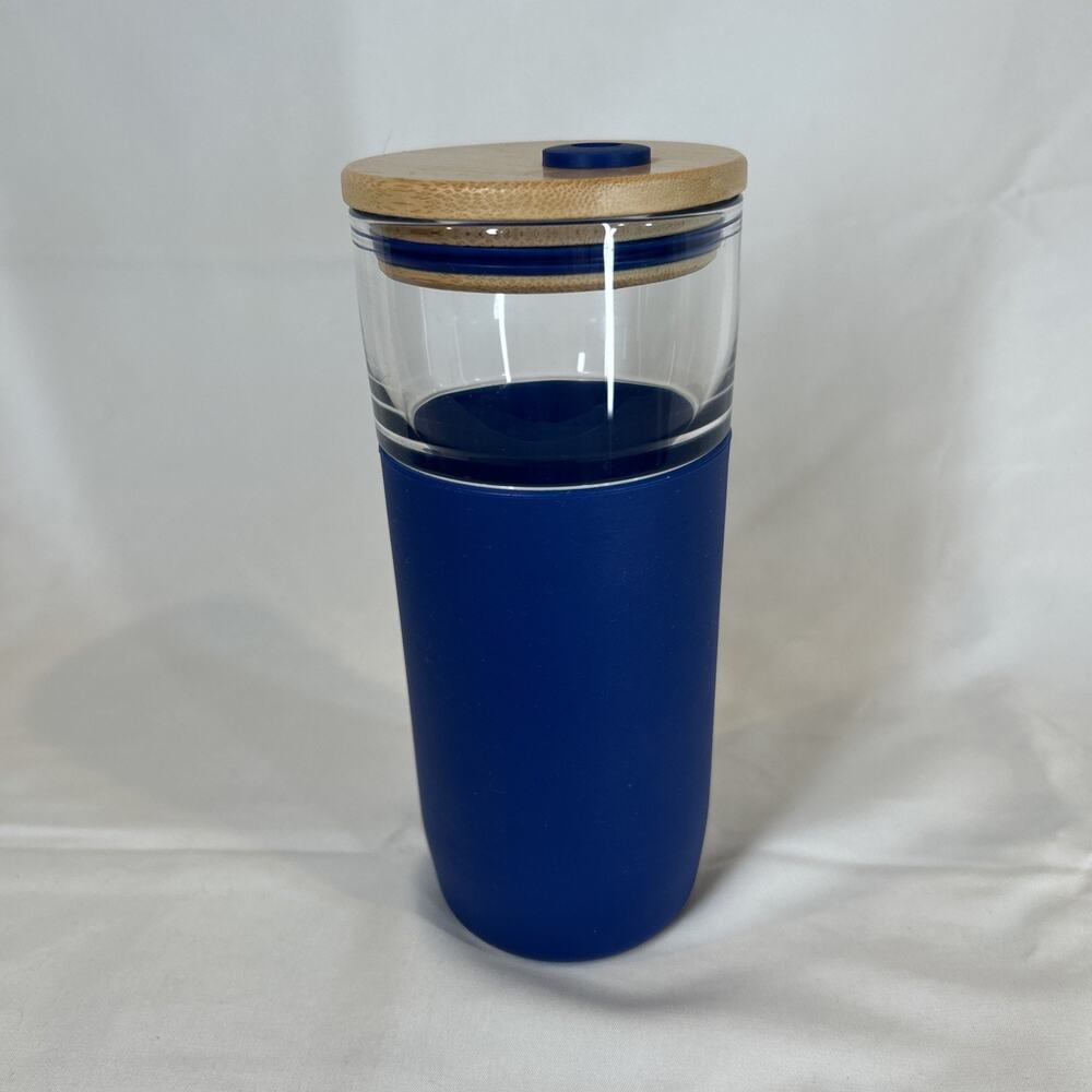 HD Designs Blue 16 Oz Glass Travel Cup Silicone Sleeve Wood Lid & No Straw